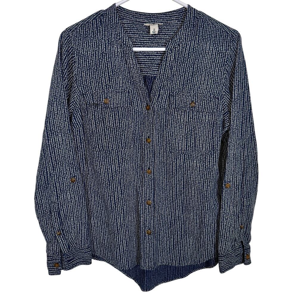 L.L. Bean Organic Cotton Gauzy Roll Tab Long Sleeve Shirt Navy Cream Print MED
